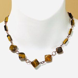 Rustic Natural Tigers Eye Necklace, Genuine Gemstone + Copper Chain